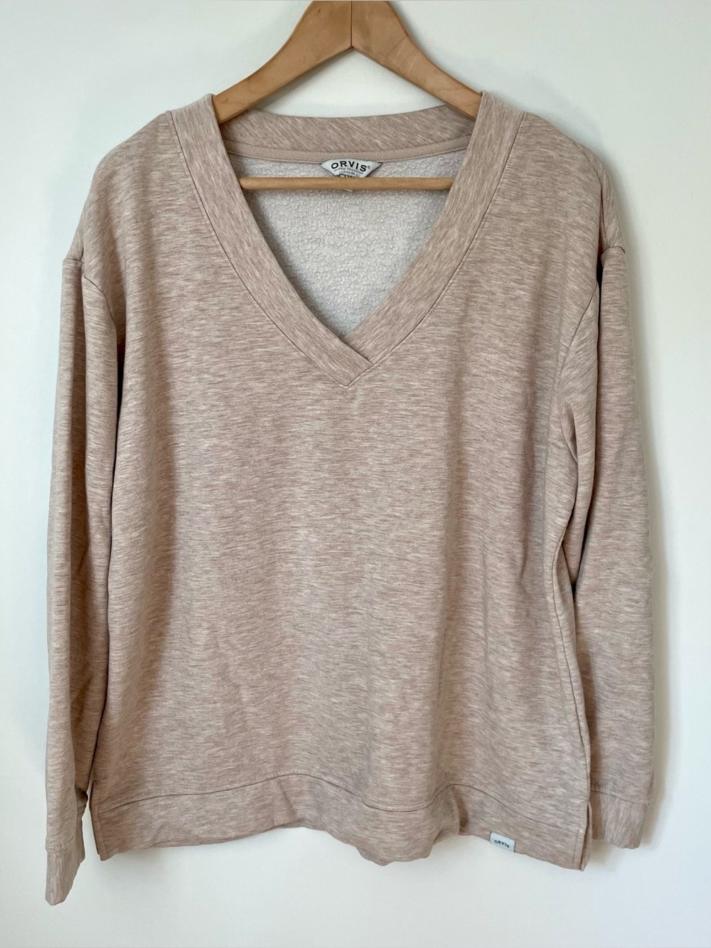 Orvis Modal Blend Fleece Neutral Tan V Neck Sweatshirt Size Large Lounge Cozy